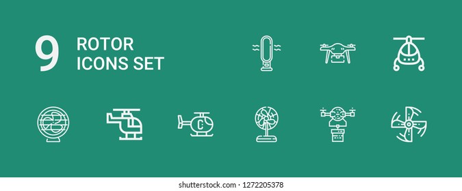 Editable 9 rotor icons for web and mobile. Set of rotor included icons line Engine propeller, Drone, Fan, Helicopter on green background