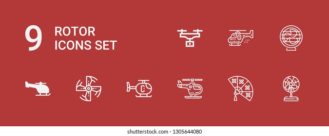 Editable 9 rotor icons for web and mobile. Set of rotor included icons line Fan, Helicopter, Engine propeller, Drone on red background