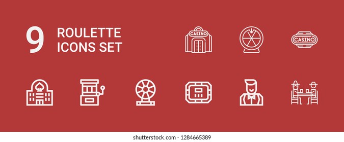 Editable 9 roulette icons for web and mobile. Set of roulette included icons line Gamblers, Croupier, Poker table, Roulette, Slot machine, Casino on red background