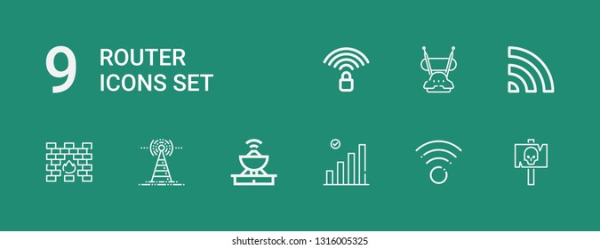 Editable 9 router icons for web and mobile. Set of router included icons line Signal, Wifi, Antenna, Firewall, Wifi signal on green background