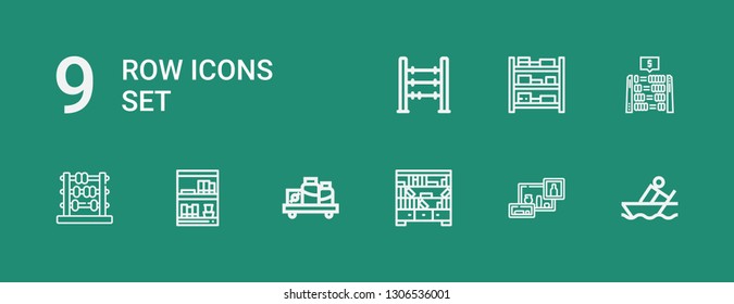 Editable 9 row icons for web and mobile. Set of row included icons line Rowing, Bookshelf, Shelves, Shelf, Bookcase, Abacus on green background