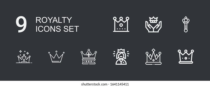 Editable 9 royalty icons for web and mobile. Set of royalty included icons line Crown, Queen, Scepter on dark background