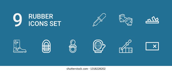 Editable 9 rubber icons for web and mobile. Set of rubber included icons line Erase, Pipette, Glove, Pacifier, Inflatable boat, Boot, Sandals, Gloves on blue background