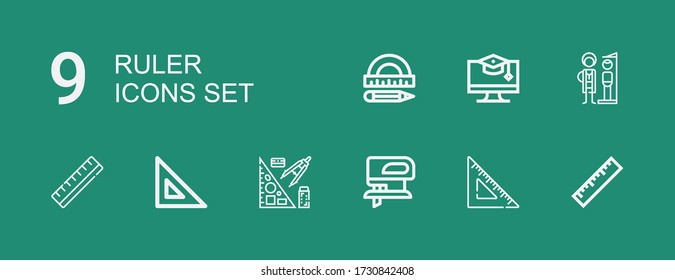 Editable 9 ruler icons for web and mobile. Set of ruler included icons line Ruler, Set square, Fretsaw, Stationery, Height, Education, Protractor on green background