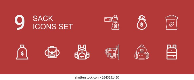 Editable 9 sack icons for web and mobile. Set of sack included icons line Backpack, Money bag, Coffee bag on red background