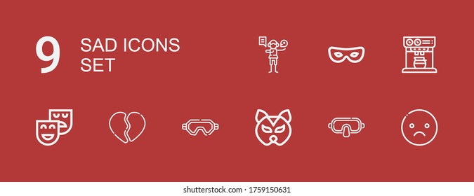Editable 9 sad icons for web and mobile. Set of sad included icons line Sad, Mask, Broken heart, Theatre, Expresso, Acting on red background