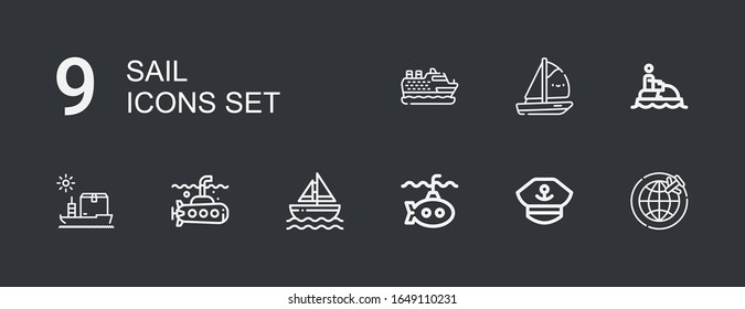 Bearbeitbar 9 Segelsymbole für Web und Mobile. Segelliniensymbole wie: Schiff, Kapitän, U-Boot, Segelboot, Schiff, Jet Ski, Boot, Kreuzfahrt auf dunklem Hintergrund