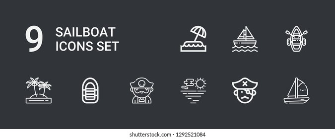 Editable 9 sailboat icons for web and mobile. Set of sailboat included icons line Boat, Pirate, Sea, Inflatable boat, Island, Lifeboat, Sailboat on dark background