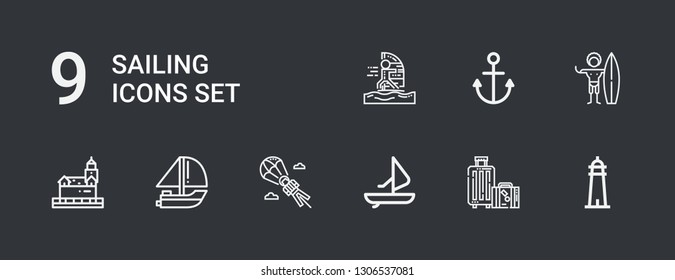 Editable 9 sailing icons for web and mobile. Set of sailing included icons line Lighthouse, Travel, Windsurf, Parasailing, Yatch, Surfer, Anchor, Windsurfing on dark background