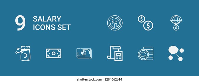 Editable 9 salary icons for web and mobile. Set of salary included icons line Dollar, Coin, Bill, Cash, Money, Coins on blue background