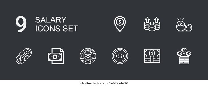 Editable 9 salary icons for web and mobile. Set of salary included icons line Money, Dollar, Coin on dark background
