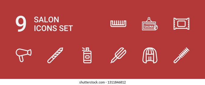 Editable 9 salon icons for web and mobile. Set of salon included icons line Comb, Wig, Hair straightener, Spray bottle, Nail file, Hair dryer, Makeup remover on red background