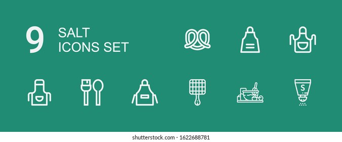 Editable 9 salt icons for web and mobile. Set of salt included icons line Salt, Cooking, Grill, Apron, Utensils, Pretzel on green background