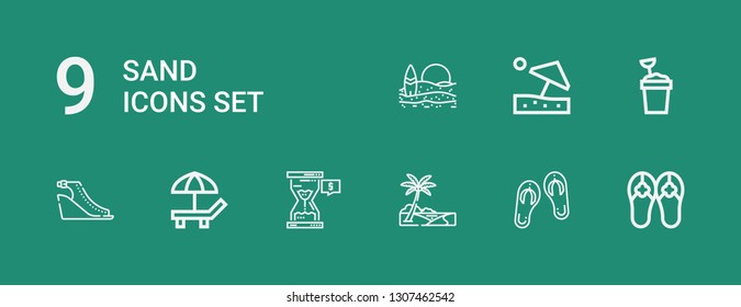 Editable 9 sand icons for web and mobile. Set of sand included icons line Sandals, Oasis, Hourglass, Beach, Sand bucket, Beach umbrella on green background