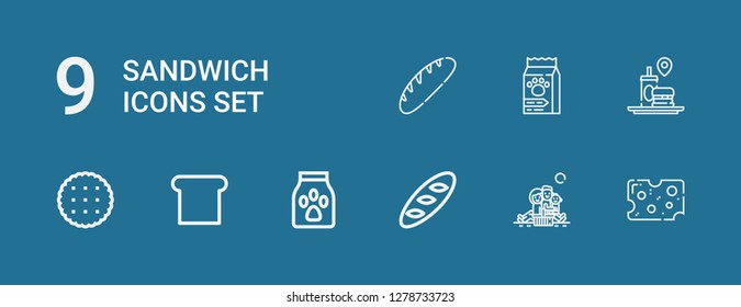 Editable 9 sandwich icons for web and mobile. Set of sandwich included icons line Cheese, Picnic, Bread, Food, Toast, Biscuit, Fast food on blue background