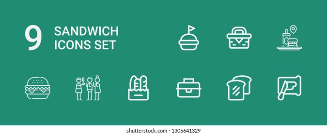 Editable 9 sandwich icons for web and mobile. Set of sandwich included icons line Spreading, Bread, Lunchbox, Toast, Burger, Fast food, Picnic, Hamburguer on green background