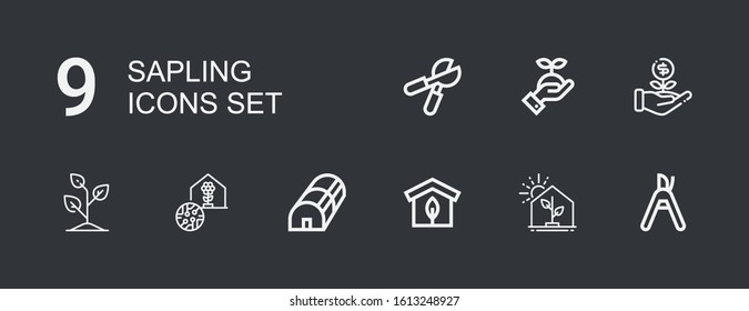 Editable 9 sapling icons for web and mobile. Set of sapling included icons line Pruning shears, Greenhouse, Sprout on dark background