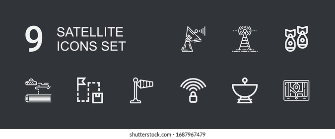 Bearbeitbar 9 Satellitensymbole für Web und Mobile. Sat-Sat-Sat inklusive Ikonen-Reihe Gps, Satellitenschüssel, Wifi-Signal, Windsignal, Route, Science-Fiction, Rakete auf dunklem Hintergrund