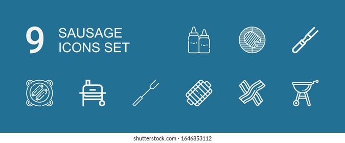 Editable 9 sausage icons for web and mobile. Set of sausage included icons line Grill, Bacon, Barbecue fork, Bbq, Meat, Barbecue, Ketchup on blue background