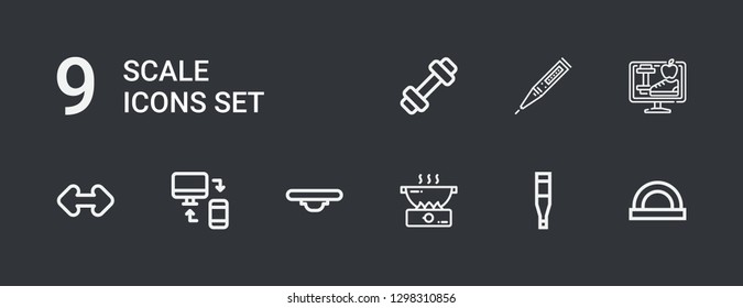Editable 9 scale icons for web and mobile. Set of scale included icons line Protractor, Thermometer, Cooking, Balance, Responsive, Resize, Lifestyle, Weight on dark background