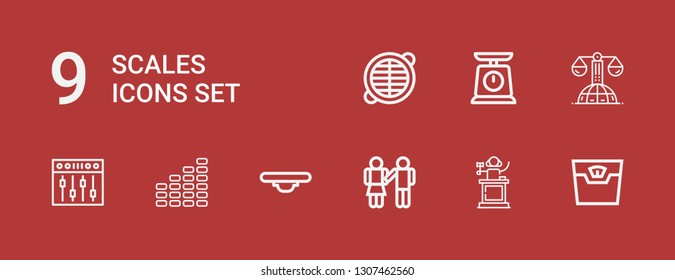 Editable 9 scales icons for web and mobile. Set of scales included icons line Scale, Judge, Equality, Balance, Equalizer, Law, Grate on red background