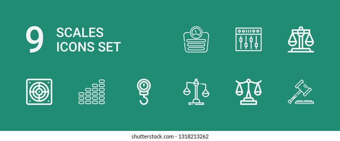 Editable 9 scales icons for web and mobile. Set of scales included icons line Law, Scale, Balance, Equalizer, Extractor, Justice on green background