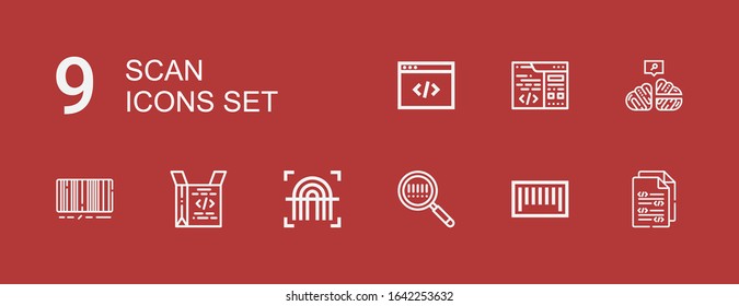 Editable 9 scan icons for web and mobile. Set of scan included icons line Coding, Barcode, Fingerprint, Neural on red background
