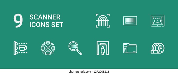 Editable 9 scanner icons for web and mobile. Set of scanner included icons line Tomography, Scanner, Metal detector, Barcode, Radar, Scan, Ultrasound, Fingerprint on green background