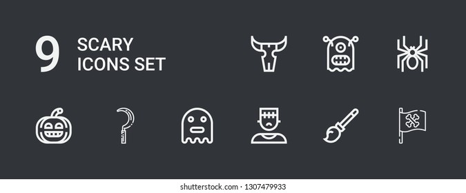 Editable 9 scary icons for web and mobile. Set of scary included icons line Pirate flag, Broomstick, Monster, Ghost, Scythe, Pumpkin, Spider, Skull on dark background