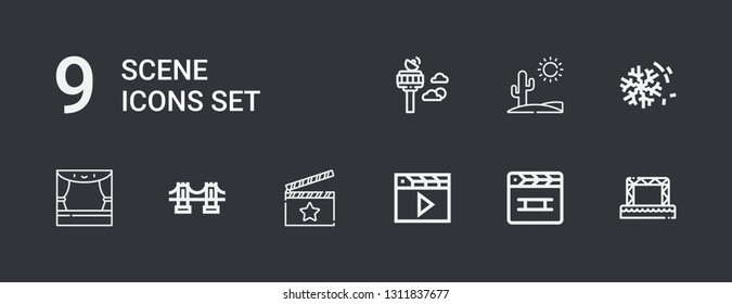 Editable 9 scene icons for web and mobile. Set of scene included icons line Stage, Clapperboard, Clapper, Brooklyn bridge, Desert, Control tower on dark background