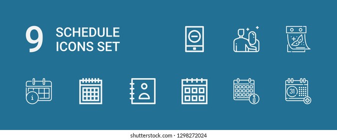 Editable 9 schedule icons for web and mobile. Set of schedule included icons line Calendar, Agenda, Date, Event on blue background