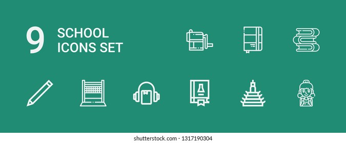 Editable 9 school icons for web and mobile. Set of school included icons line Student, Building, Science book, Audiobook, Volleyball, Pencil, Books, Sketchbook on green background