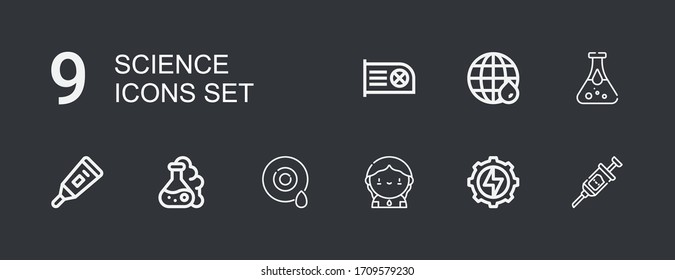 Editable 9 science icons for web and mobile. Set of science included icons line Syringe, Energy, Donor, Eye, Flask, Thermometer, Blood test, Earth grid, Cpu on dark background