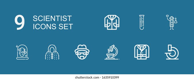 Editable 9 scientist icons for web and mobile. Set of scientist included icons line Microscope, Coat, Heisenberg, Scientist, Lab, Lab coat on blue background