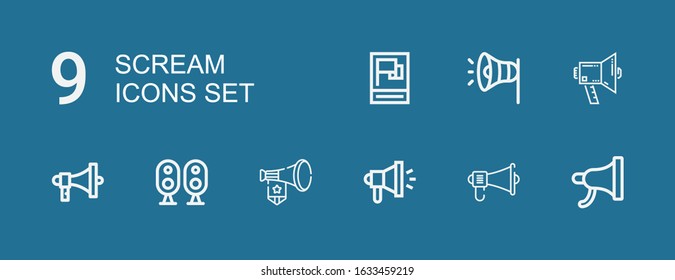 Editable 9 scream icons for web and mobile. Set of scream included icons line Megaphone, Loudspeaker, Propaganda on blue background