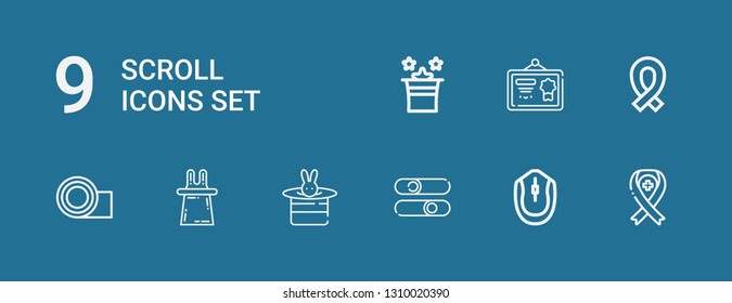 Editable 9 scroll icons for web and mobile. Set of scroll included icons line Ribbon, Mouse, Sliders, Magic, Yoga mat, Diploma on blue background
