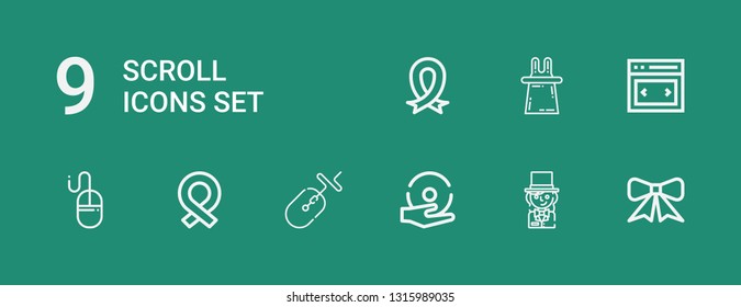 Editable 9 scroll icons for web and mobile. Set of scroll included icons line Ribbon, Magician, Spell, Mouse, Slider, Magic on green background