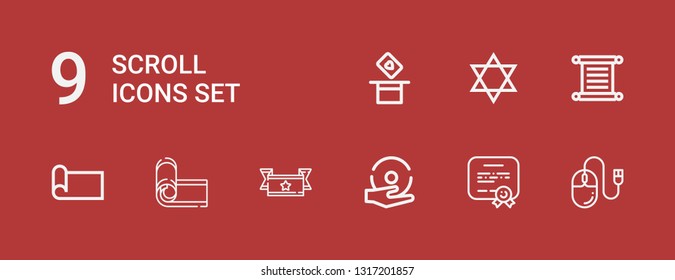 Editable 9 scroll icons for web and mobile. Set of scroll included icons line Mouse, Diploma, Spell, Ribbon, Yoga mat, Torah, Judaism, Magic on red background