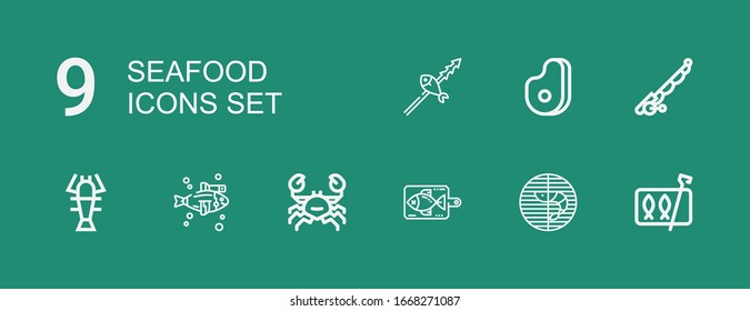 Editable 9 seafood icons for web and mobile. Set of seafood included icons line Sardines, Prawn, Fish, Crab, Lobster, Fishing rod, Meat on green background