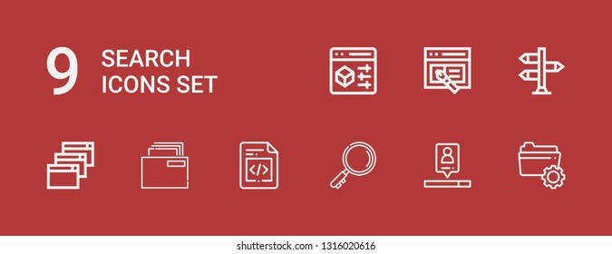 Editable 9 search icons for web and mobile. Set of search included icons line Folder, Search engine, File, Website, Signpost, Interface, Browser on red background