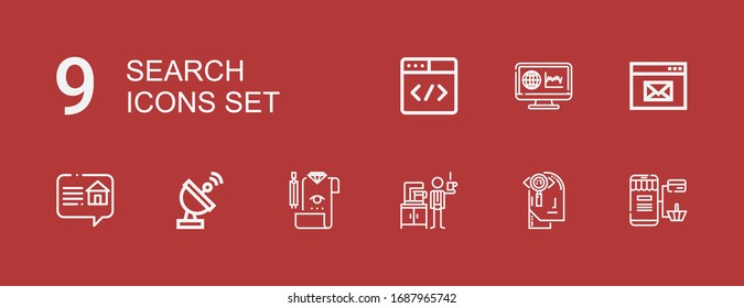 Editable 9 iconos de búsqueda para web y móvil. El conjunto de búsquedas incluía iconos línea de compras en línea, observación, Detective, Revisión, Radar, Navegador, Monitoreo de fondo rojo