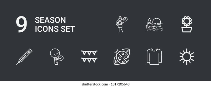 Editable 9 season icons for web and mobile. Set of season included icons line Sun, Sweater, Ladybird, Garlands, Tree, Thermometer, Sunflower, Beach, Lullaby on dark background