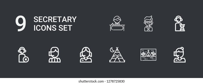 Editable 9 secretary icons for web and mobile. Set of secretary included icons line Call center, Tipi, Operator, Receptionist on dark background