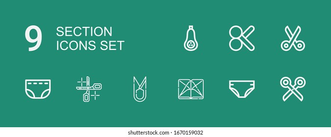 Editable 9 section icons for web and mobile. Set of section included icons line Scissors, Diaper, Section, Cut, Butternut squash on green background