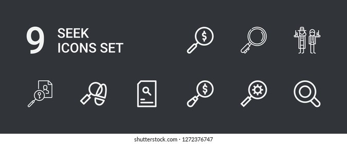 Editable 9 seek icons for web and mobile. Set of seek included icons line Magnifying glass, Search, Detective on dark background