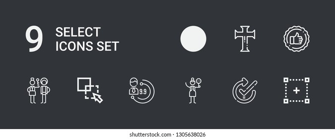 Editable 9 select icons for web and mobile. Set of select included icons line Selection, Check, Crossing, Evaluation, Exclude, Check in, Evaluate, Cross on dark background