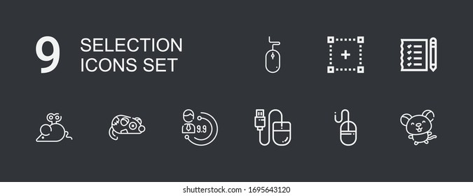 Editable 9 selection icons for web and mobile. Set of selection included icons line Mouse, Evaluation, Shopping list, Selection on dark background