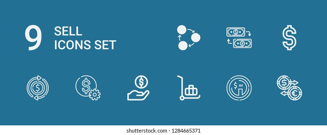 Editable 9 sell icons for web and mobile. Set of sell included icons line Exchange, Dollar, Delivery cart on blue background