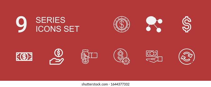 Editable 9 series icons for web and mobile. Set of series included icons line Reload, Cash, Dollar on red background