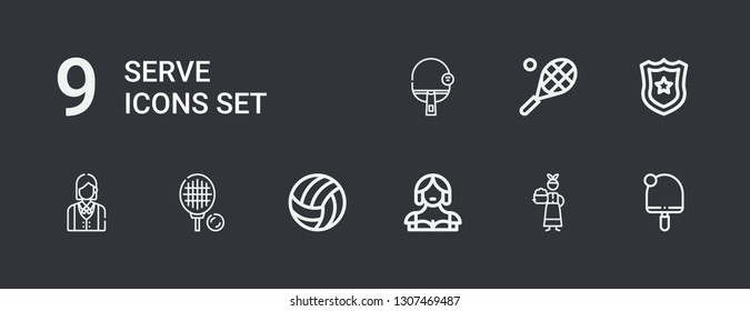 Editable 9 serve icons for web and mobile. Set of serve included icons line Table tennis, Servant, Waitress, Volleyball, Tennis, Police badge on dark background
